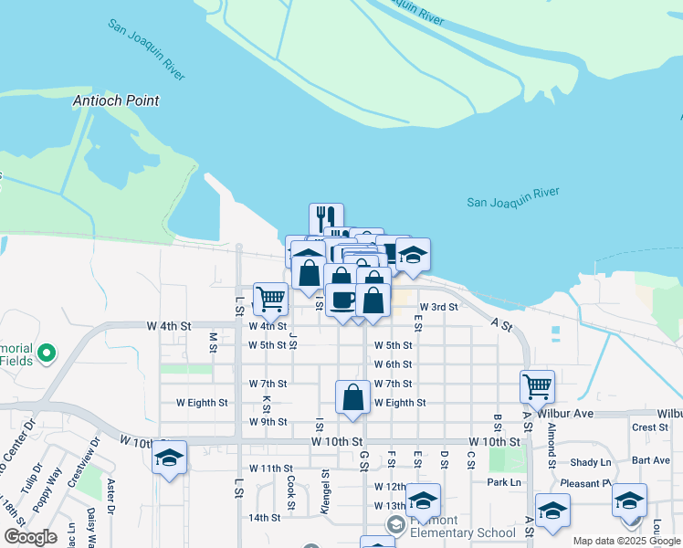 map of restaurants, bars, coffee shops, grocery stores, and more near in Antioch
