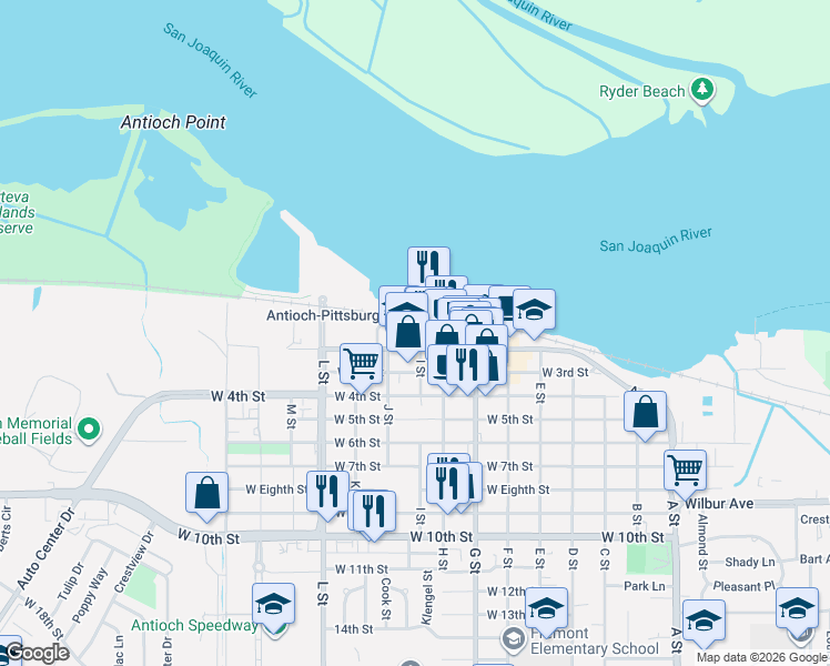map of restaurants, bars, coffee shops, grocery stores, and more near 809 West 1st Street in Antioch