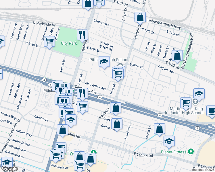 map of restaurants, bars, coffee shops, grocery stores, and more near 184 Army St in Pittsburg