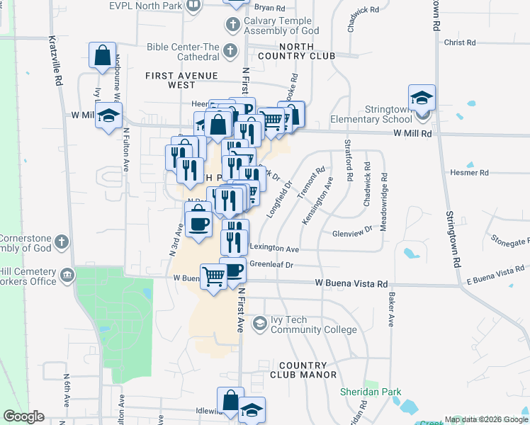 map of restaurants, bars, coffee shops, grocery stores, and more near 4212 Longfield Drive in Evansville