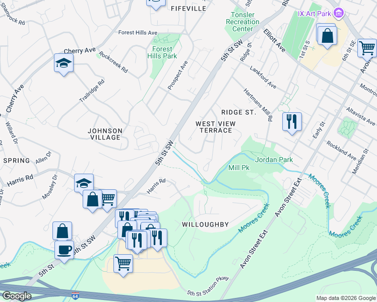 map of restaurants, bars, coffee shops, grocery stores, and more near 166 Brookwood Drive in Charlottesville