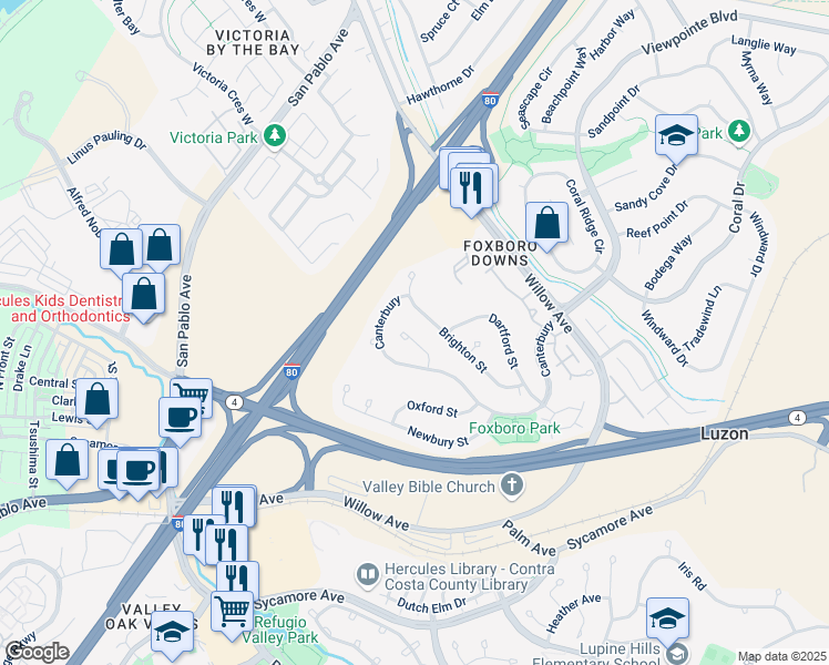 map of restaurants, bars, coffee shops, grocery stores, and more near 148 Bedford in Hercules