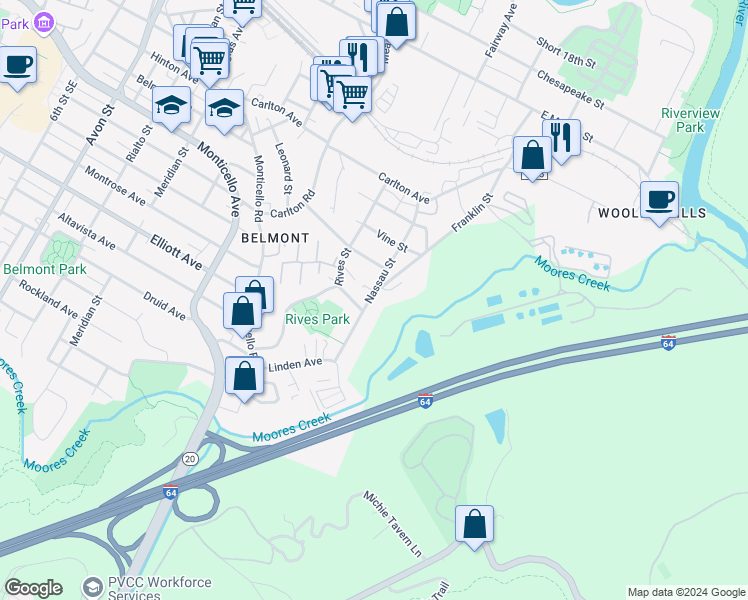 map of restaurants, bars, coffee shops, grocery stores, and more near 820 Nassau Street in Charlottesville