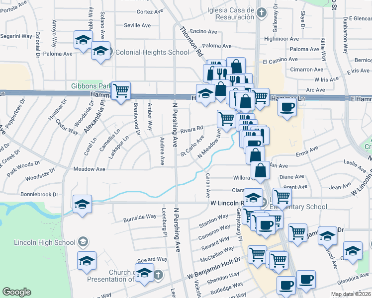 map of restaurants, bars, coffee shops, grocery stores, and more near 7439 Saint Carlo Avenue in Stockton