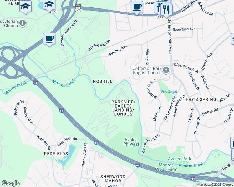 map of restaurants, bars, coffee shops, grocery stores, and more near 155 Yellowstone Drive in Charlottesville