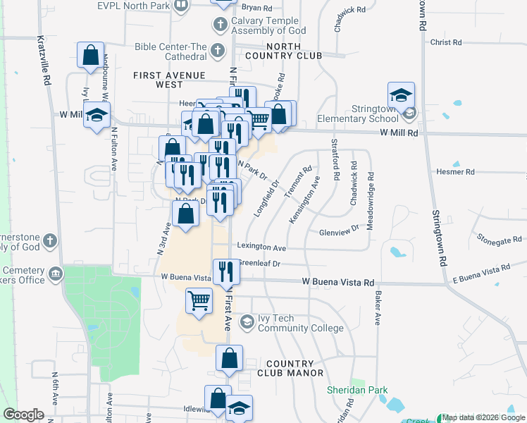 map of restaurants, bars, coffee shops, grocery stores, and more near 4218 Tremont Road in Evansville