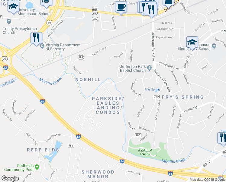 map of restaurants, bars, coffee shops, grocery stores, and more near 195 Yellowstone Drive in Charlottesville