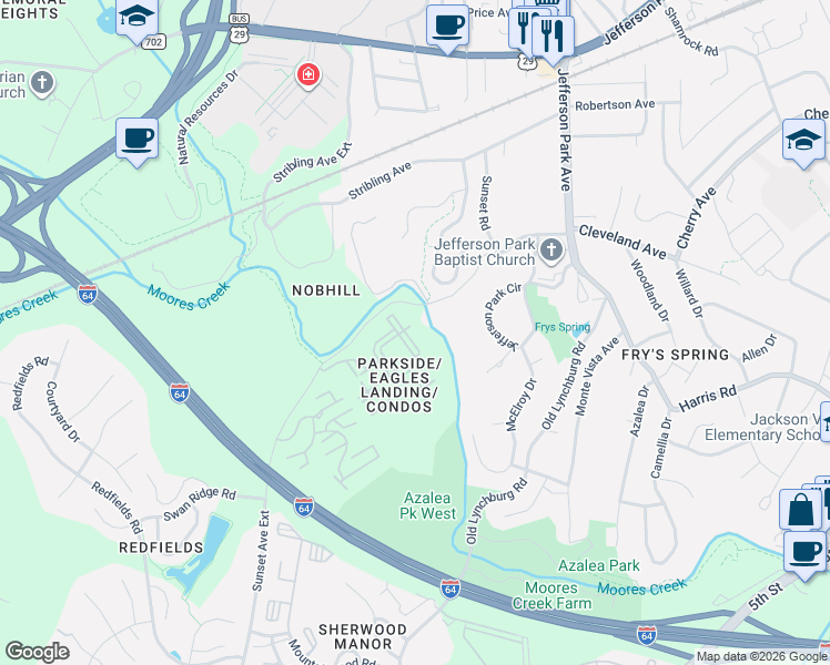map of restaurants, bars, coffee shops, grocery stores, and more near 195 Yellowstone Drive in Charlottesville