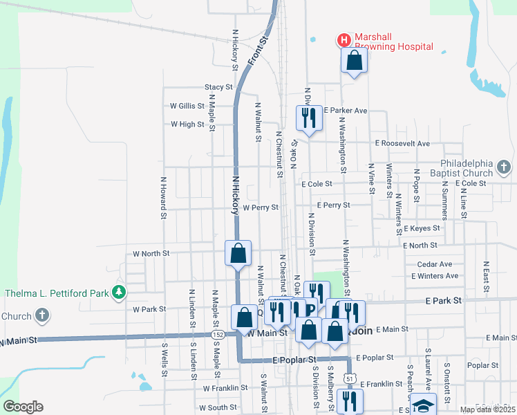 map of restaurants, bars, coffee shops, grocery stores, and more near 101 West Perry Street in Du Quoin