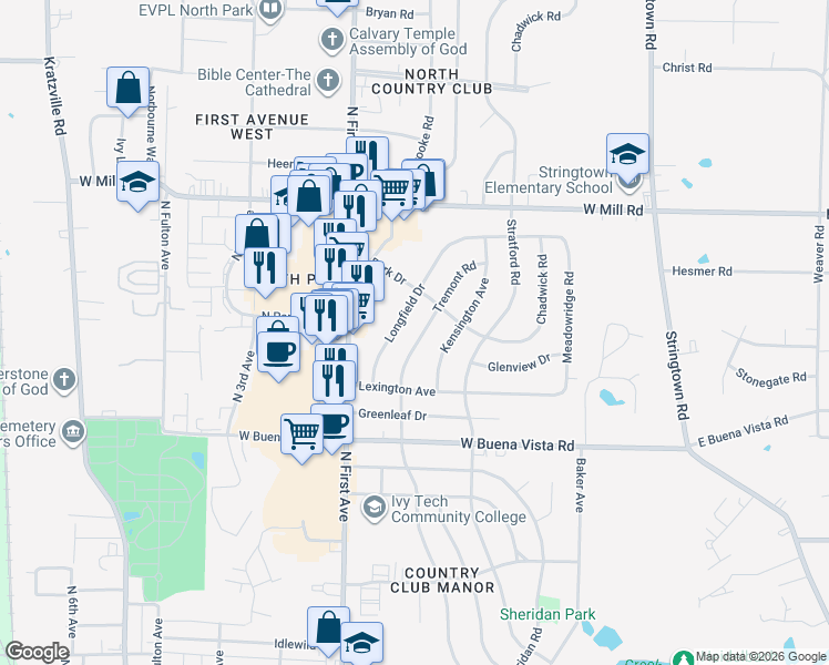 map of restaurants, bars, coffee shops, grocery stores, and more near 4218 Tremont Road in Evansville
