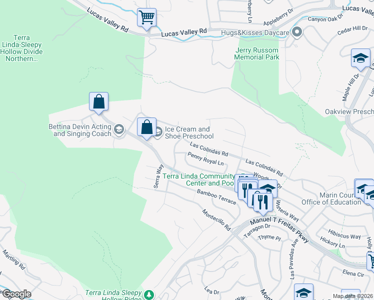 map of restaurants, bars, coffee shops, grocery stores, and more near 775 Las Colindas Road in San Rafael