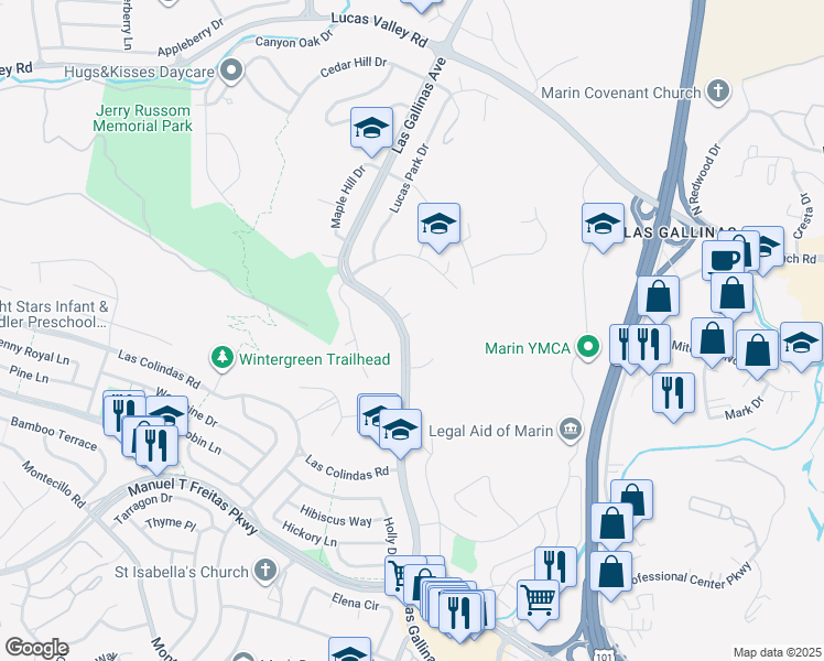map of restaurants, bars, coffee shops, grocery stores, and more near 1752 Las Gallinas Avenue in San Rafael