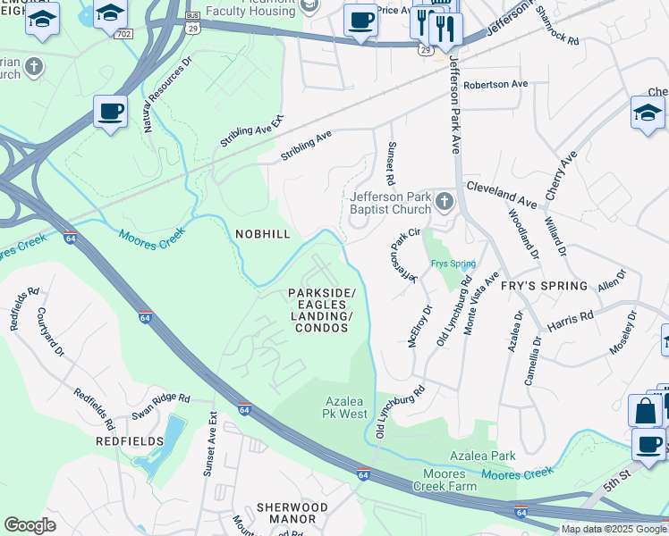 map of restaurants, bars, coffee shops, grocery stores, and more near 195 Yellowstone Drive in Charlottesville