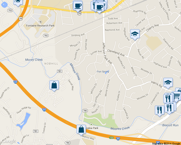 map of restaurants, bars, coffee shops, grocery stores, and more near 2634 Jefferson Park Circle in Charlottesville