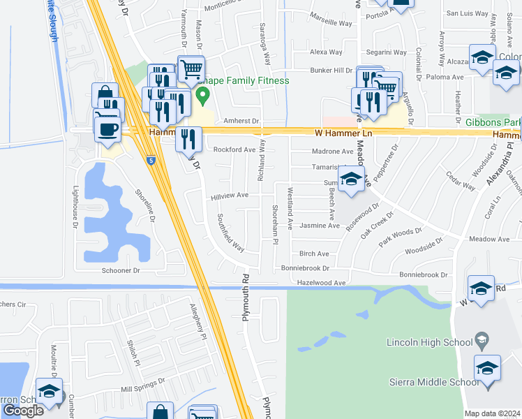 map of restaurants, bars, coffee shops, grocery stores, and more near 2900 Hempstead Way in Stockton