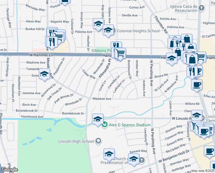 map of restaurants, bars, coffee shops, grocery stores, and more near 7413 Camellia Lane in Stockton