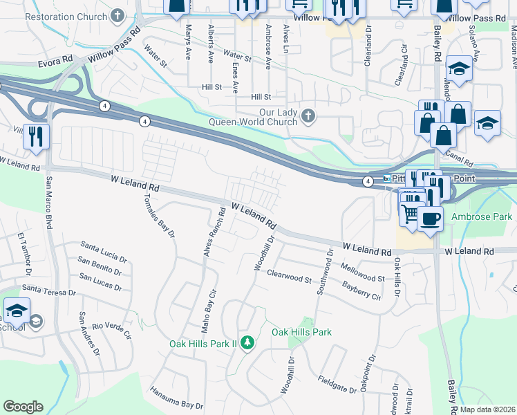 map of restaurants, bars, coffee shops, grocery stores, and more near 1424 Sanctuary Street in Pittsburg