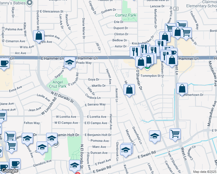 map of restaurants, bars, coffee shops, grocery stores, and more near 482 Murillo Drive in Stockton