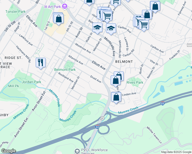 map of restaurants, bars, coffee shops, grocery stores, and more near 1007 Druid Ave in Charlottesville