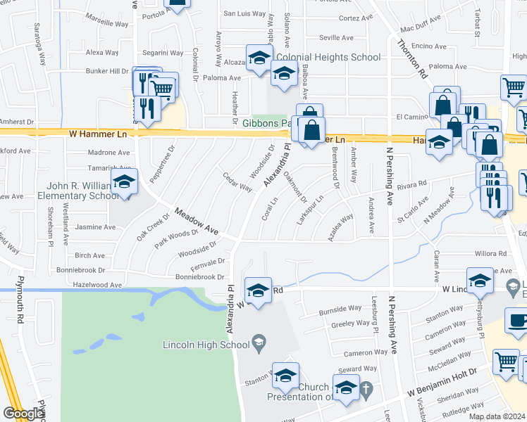 map of restaurants, bars, coffee shops, grocery stores, and more near 7422 Alexandria Place in Stockton