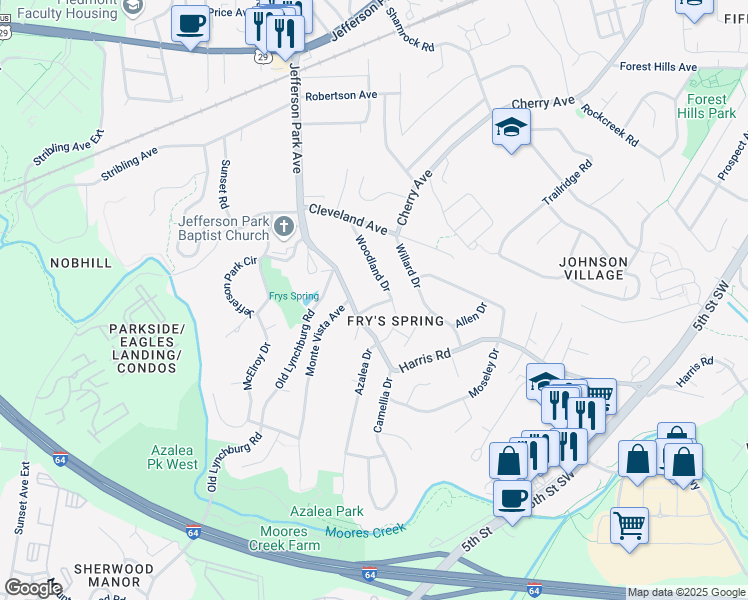 map of restaurants, bars, coffee shops, grocery stores, and more near 2539A Woodland Drive in Charlottesville