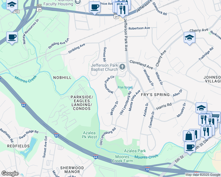 map of restaurants, bars, coffee shops, grocery stores, and more near 2634 Jefferson Park Circle in Charlottesville