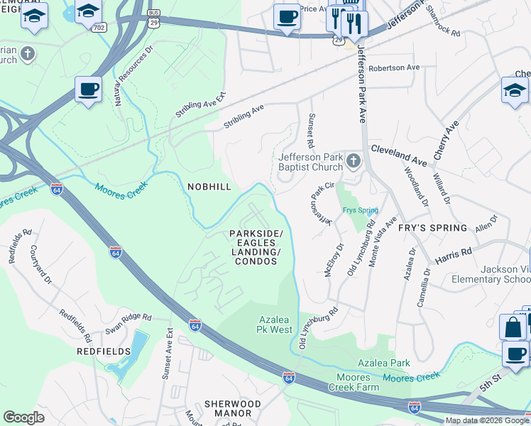 map of restaurants, bars, coffee shops, grocery stores, and more near 195 Yellowstone Drive in Charlottesville
