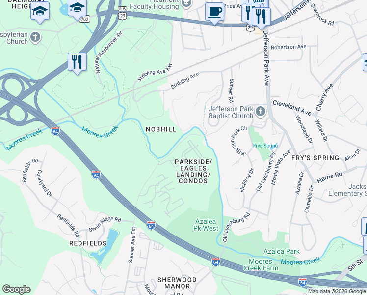 map of restaurants, bars, coffee shops, grocery stores, and more near 157 Yellowstone Drive in Charlottesville