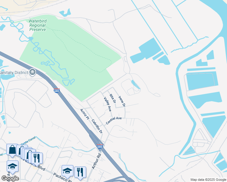 map of restaurants, bars, coffee shops, grocery stores, and more near 4108 Irene Drive in Martinez