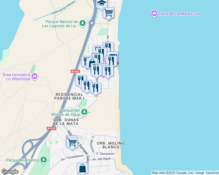 map of restaurants, bars, coffee shops, grocery stores, and more near 2 Avenida de Alemania in La Mata