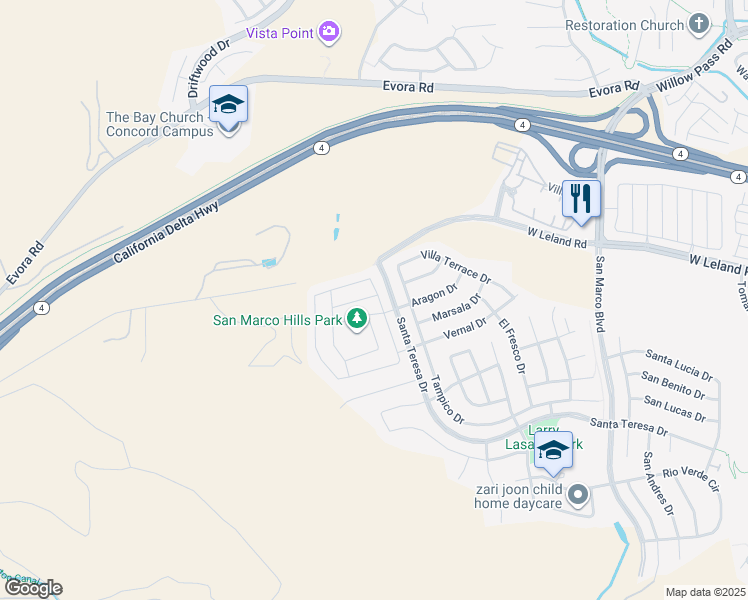map of restaurants, bars, coffee shops, grocery stores, and more near 2562 Modena Drive in Pittsburg