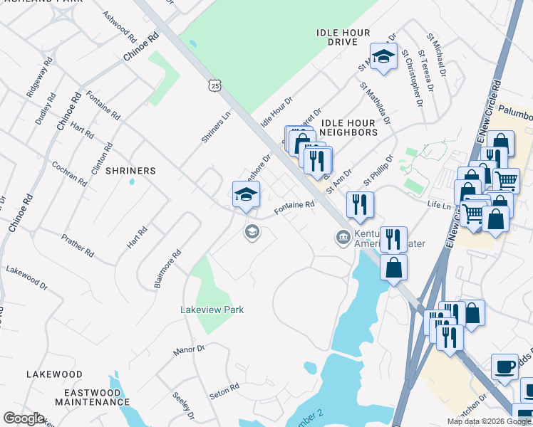 map of restaurants, bars, coffee shops, grocery stores, and more near 2101 Fontaine Road in Lexington