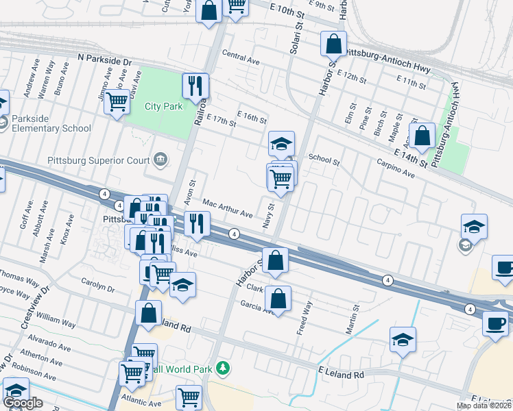 map of restaurants, bars, coffee shops, grocery stores, and more near 178 Army Street in Pittsburg