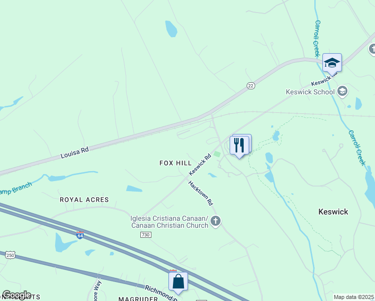 map of restaurants, bars, coffee shops, grocery stores, and more near 3718 Keswick Road in Keswick