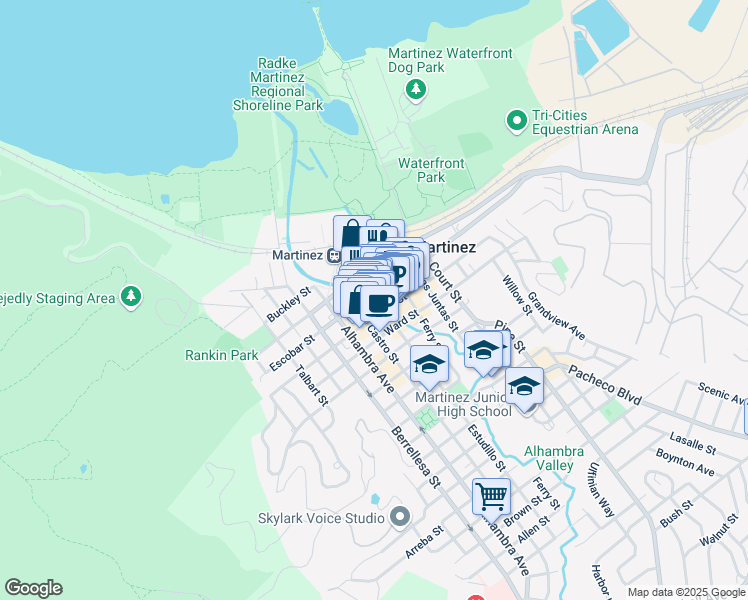 map of restaurants, bars, coffee shops, grocery stores, and more near 628 Escobar Street in Martinez