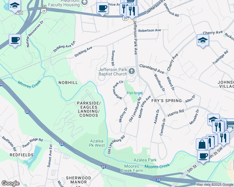 map of restaurants, bars, coffee shops, grocery stores, and more near 2634 Jefferson Park Circle in Charlottesville