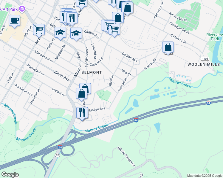 map of restaurants, bars, coffee shops, grocery stores, and more near 202 Florence Road in Charlottesville