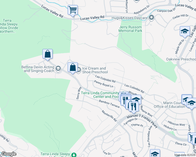 map of restaurants, bars, coffee shops, grocery stores, and more near 775 Las Colindas Road in San Rafael