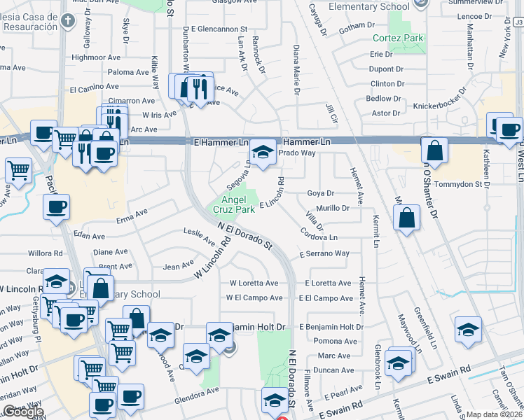 map of restaurants, bars, coffee shops, grocery stores, and more near 132 East Lincoln Road in Stockton