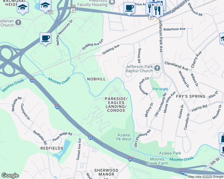 map of restaurants, bars, coffee shops, grocery stores, and more near 157 Yellowstone Drive in Charlottesville