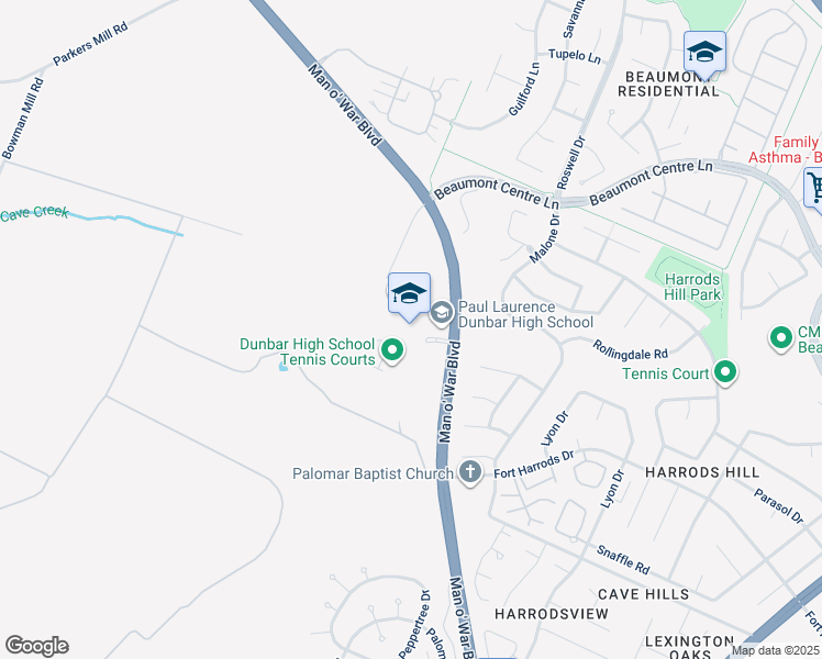 map of restaurants, bars, coffee shops, grocery stores, and more near 1600 Man O War Boulevard in Lexington