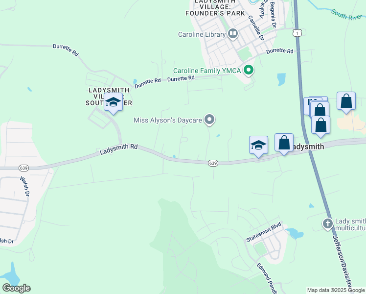 map of restaurants, bars, coffee shops, grocery stores, and more near 18063 Deere Trac Lane in Ruther Glen