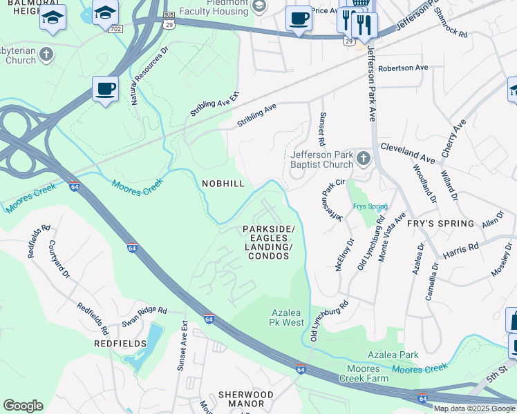 map of restaurants, bars, coffee shops, grocery stores, and more near 157 Yellowstone Drive in Charlottesville