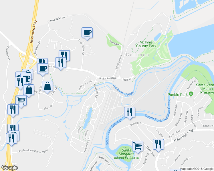 map of restaurants, bars, coffee shops, grocery stores, and more near 320 Smith Ranch Road in San Rafael
