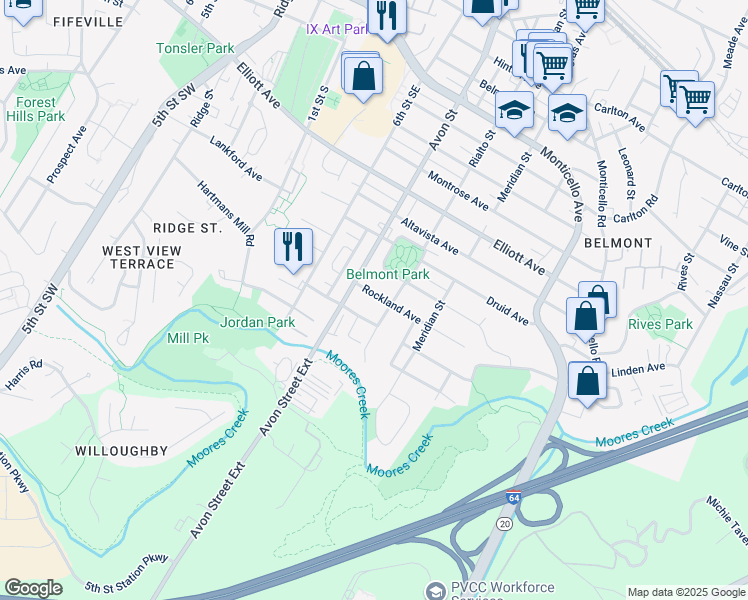 map of restaurants, bars, coffee shops, grocery stores, and more near 712 Rockland Avenue in Charlottesville