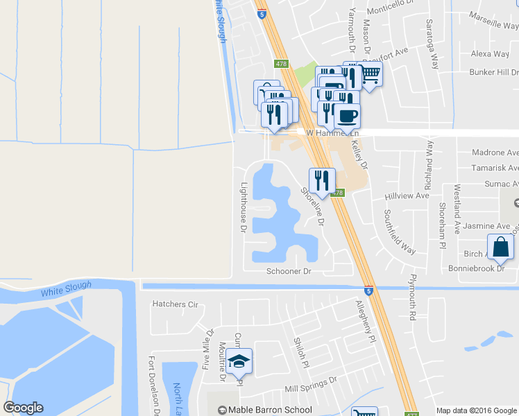 map of restaurants, bars, coffee shops, grocery stores, and more near 7388 Lighthouse Drive in Stockton