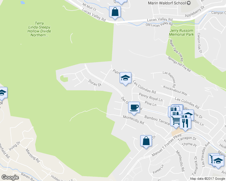 map of restaurants, bars, coffee shops, grocery stores, and more near 855 Del Ganado Road in San Rafael