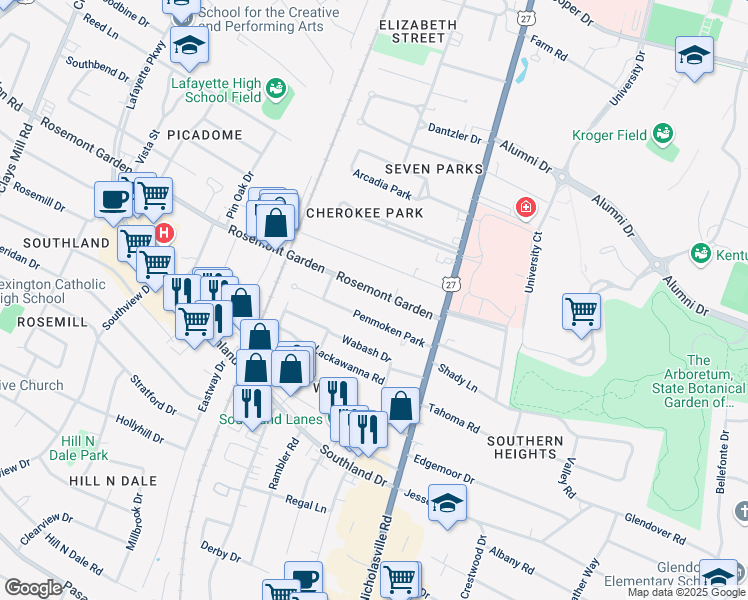 map of restaurants, bars, coffee shops, grocery stores, and more near 140 Rosemont Garden in Lexington