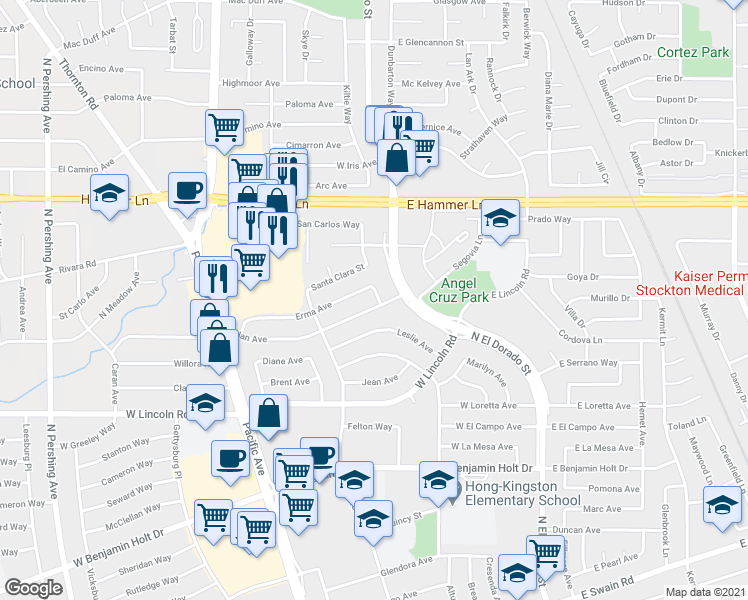 map of restaurants, bars, coffee shops, grocery stores, and more near 107 Edan Avenue in Stockton