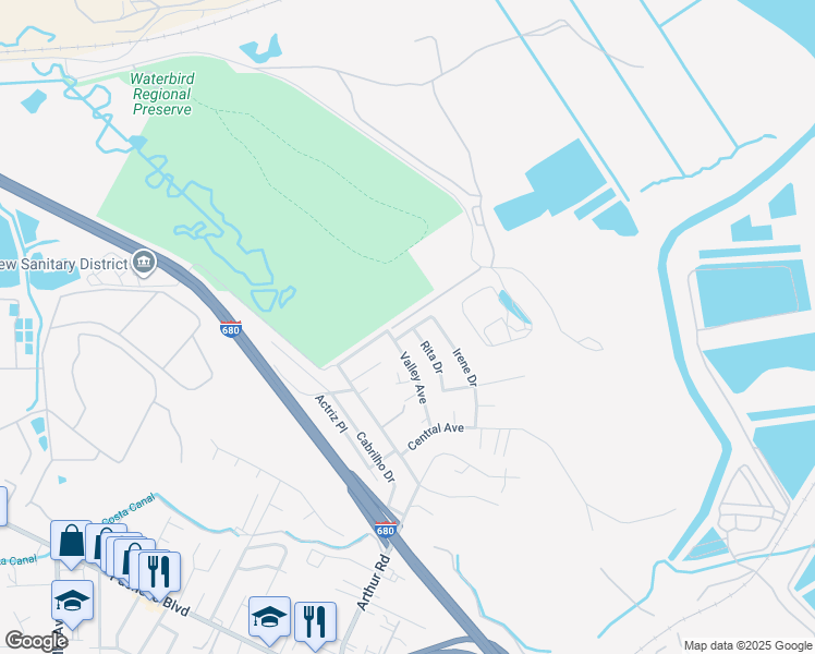 map of restaurants, bars, coffee shops, grocery stores, and more near 621 Donna Drive in Martinez